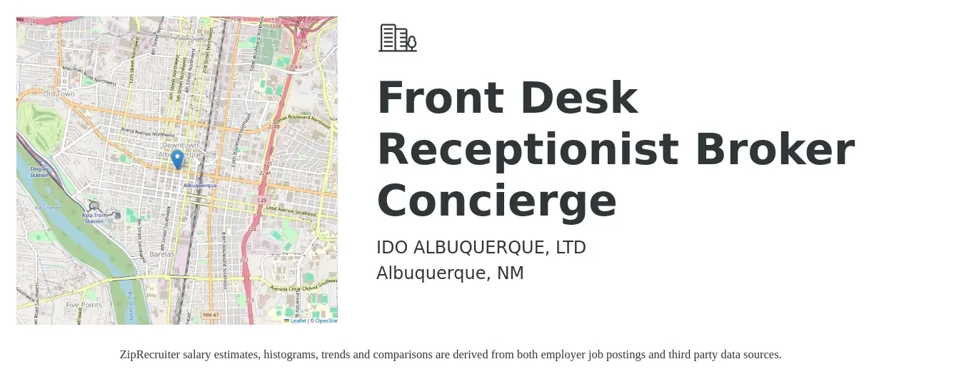 IDO ALBUQUERQUE, LTD job posting for a Front Desk Receptionist Broker Concierge in Albuquerque, NM with a salary of $14 to $18 Hourly with a map of Albuquerque location.