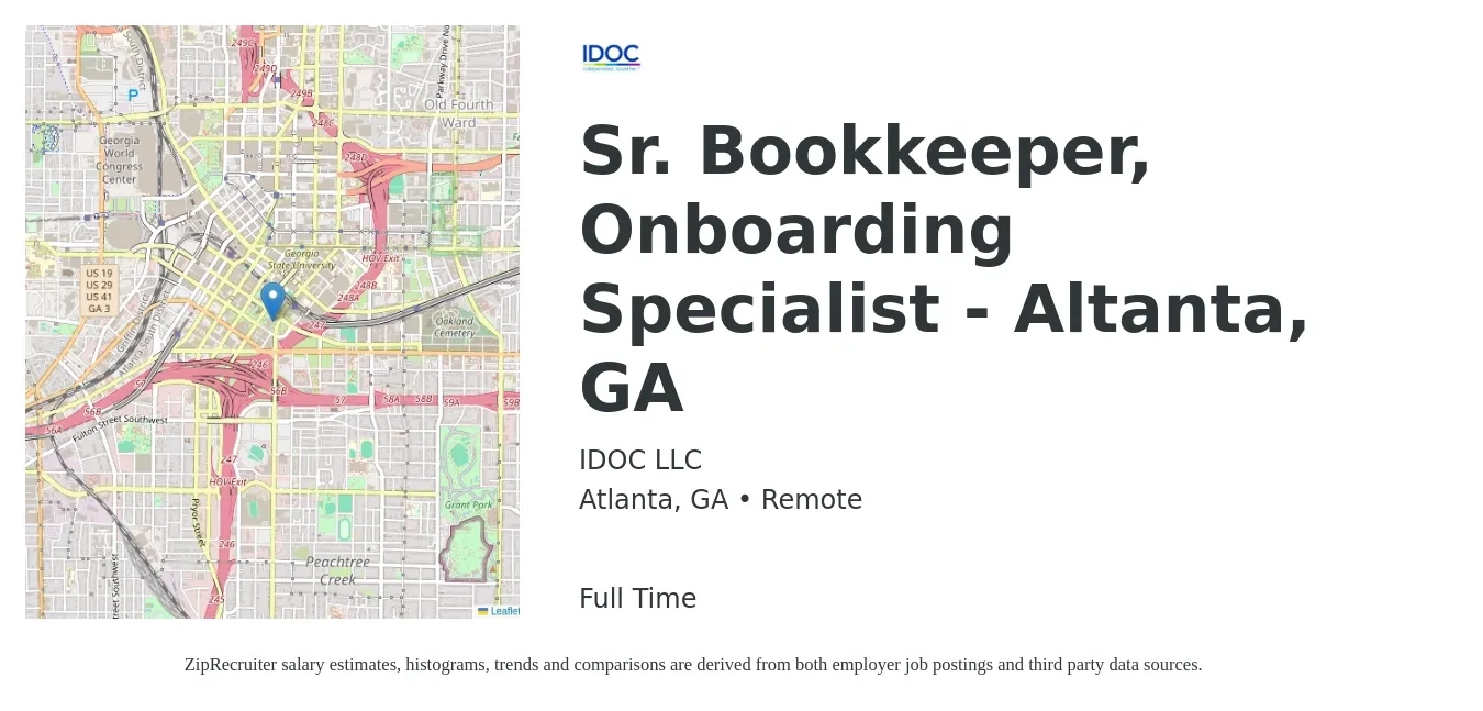 IDOC LLC job posting for a Sr. Bookkeeper, Onboarding Specialist - Altanta, GA in Atlanta, GA with a salary of $20 to $28 Hourly with a map of Atlanta location.