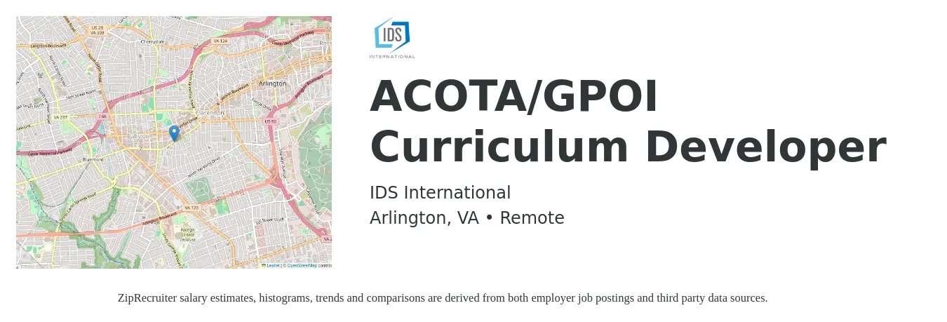 IDS International job posting for a ACOTA/GPOI Curriculum Developer in Arlington, VA with a salary of $34 to $47 Hourly with a map of Arlington location.