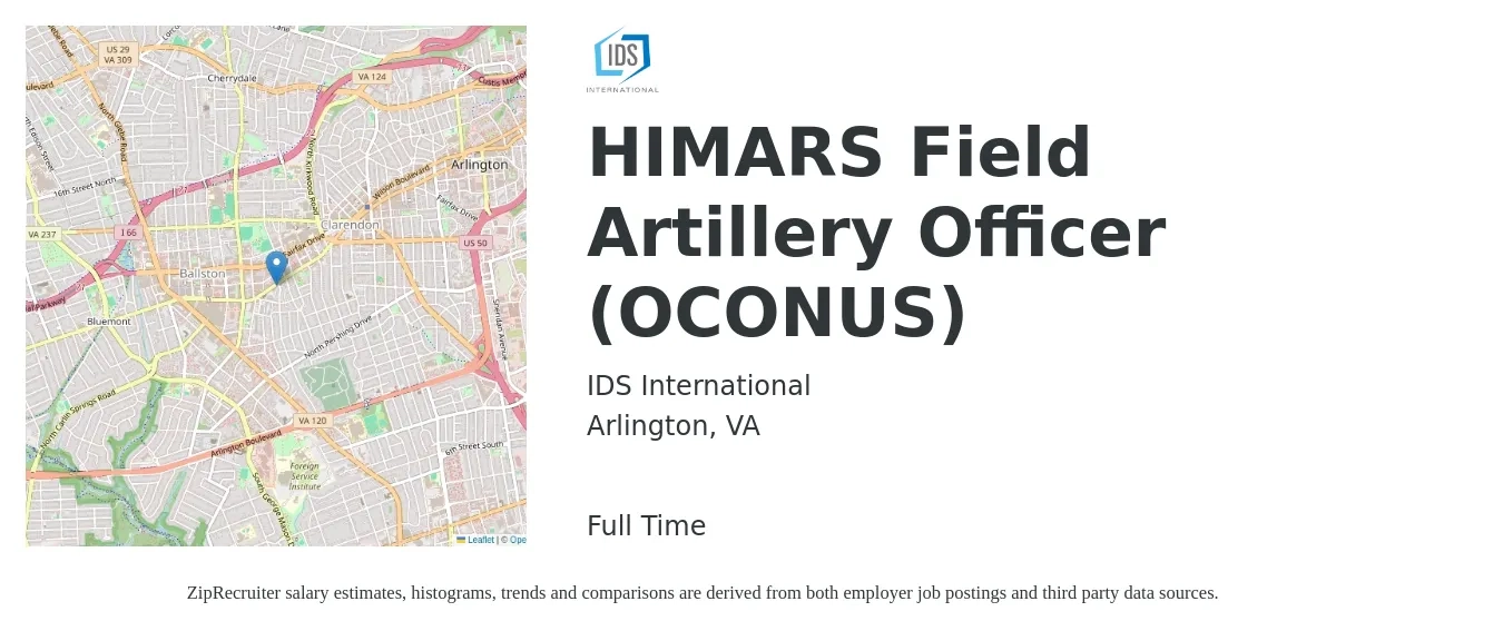 IDS International job posting for a HIMARS Field Artillery Officer (OCONUS) in Arlington, VA with a salary of $20 to $23 Hourly with a map of Arlington location.