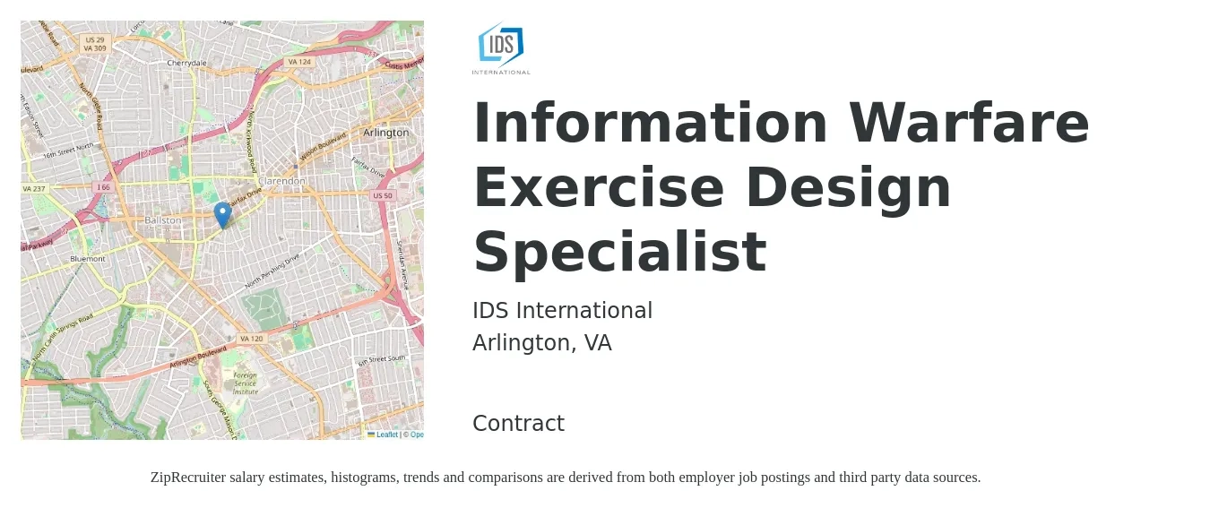 IDS International job posting for a Information Warfare Exercise Design Specialist in Arlington, VA with a salary of $23 to $50 Hourly with a map of Arlington location.