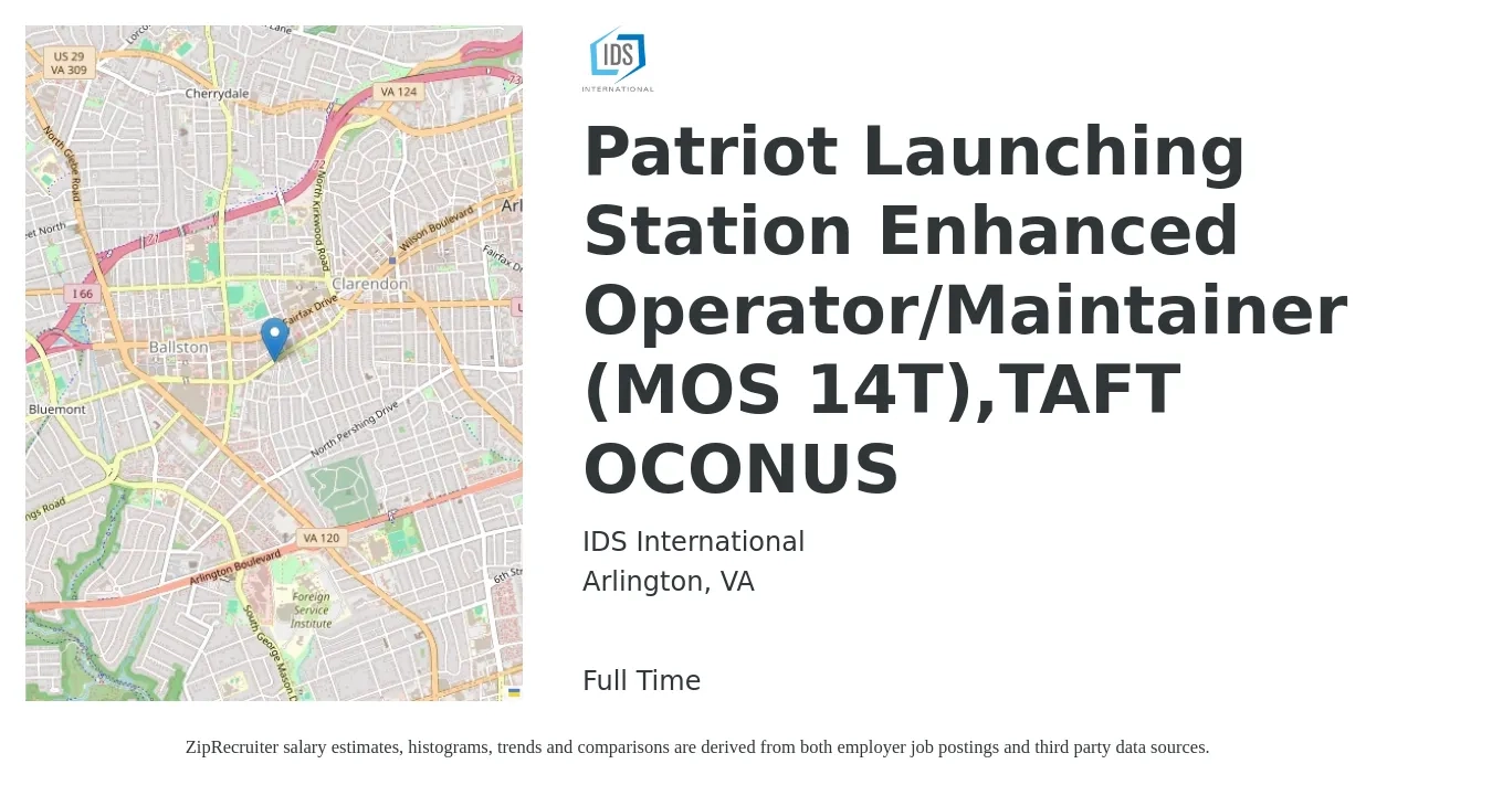 IDS International job posting for a Patriot Launching Station Enhanced Operator/Maintainer (MOS 14T),TAFT OCONUS in Arlington, VA with a map of Arlington location.