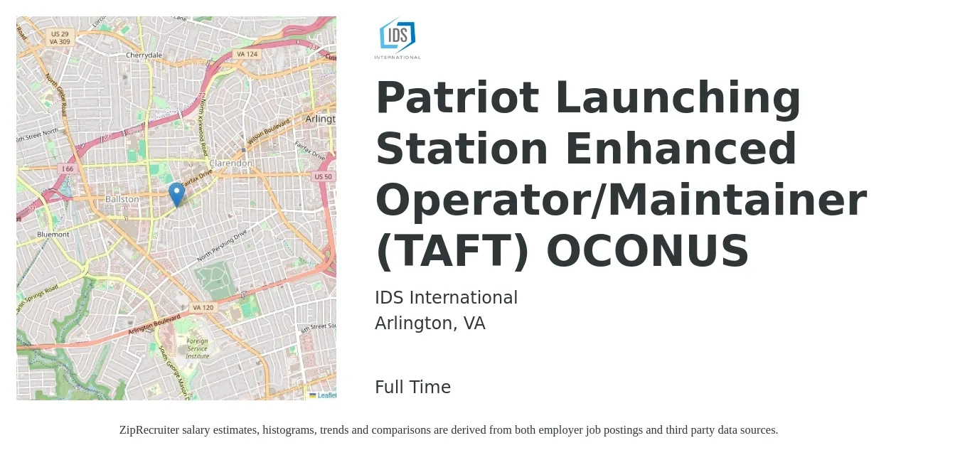 IDS International job posting for a Patriot Launching Station Enhanced Operator/Maintainer (TAFT) OCONUS in Arlington, VA with a map of Arlington location.