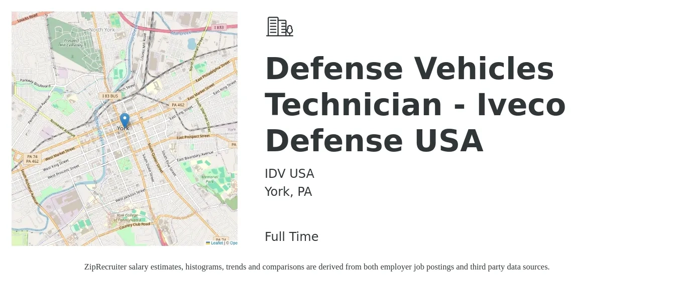 IDV USA job posting for a Defense Vehicles Technician - Iveco Defense USA in York, PA with a salary of $14 to $19 Hourly with a map of York location.