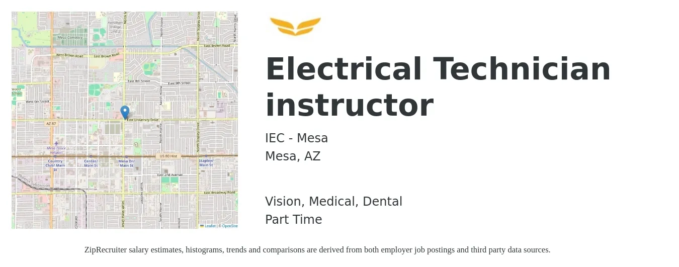 IEC - Mesa job posting for a Electrical Technician instructor in Mesa, AZ with a salary of $29 to $36 Hourly and benefits including dental, life_insurance, medical, retirement, and vision with a map of Mesa location.