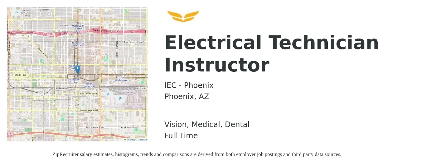 IEC - Phoenix job posting for a Electrical Technician Instructor in Phoenix, AZ with a salary of $29 to $36 Hourly and benefits including vision, dental, life_insurance, medical, and retirement with a map of Phoenix location.