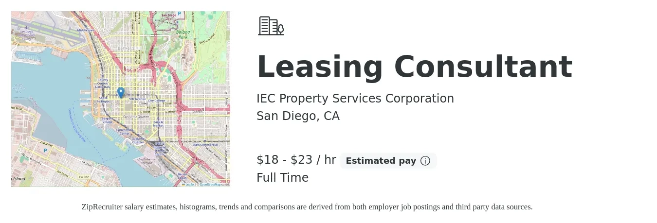 IEC Property Services Corporation job posting for a Leasing Consultant in San Diego, CA with a salary of $19 to $24 Hourly with a map of San Diego location.