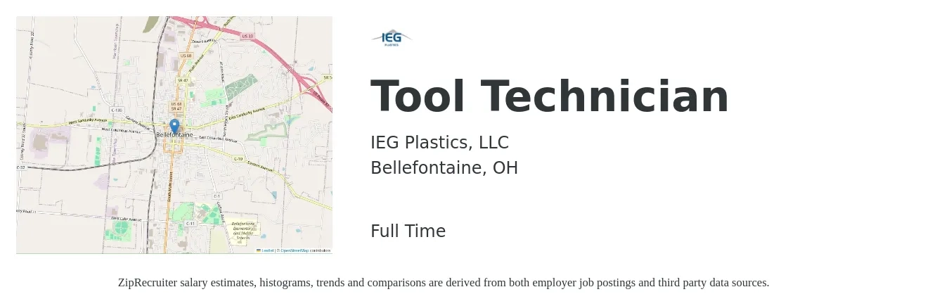 IEG Plastics, LLC job posting for a Tool Technician in Bellefontaine, OH with a salary of $18 to $26 Hourly with a map of Bellefontaine location.