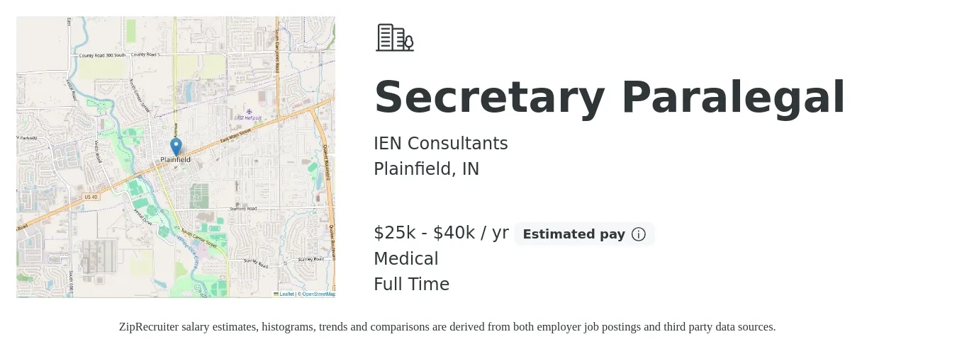 IEN Consultants job posting for a Secretary Paralegal in Plainfield, IN with a salary of $25,000 to $40,000 Yearly and benefits including medical with a map of Plainfield location.
