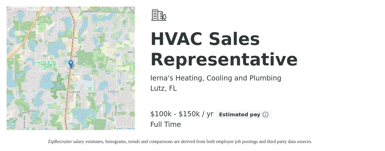 Ierna's Heating, Cooling and Plumbing job posting for a HVAC Sales Representative in Lutz, FL with a salary of $100,000 to $150,000 Yearly with a map of Lutz location.