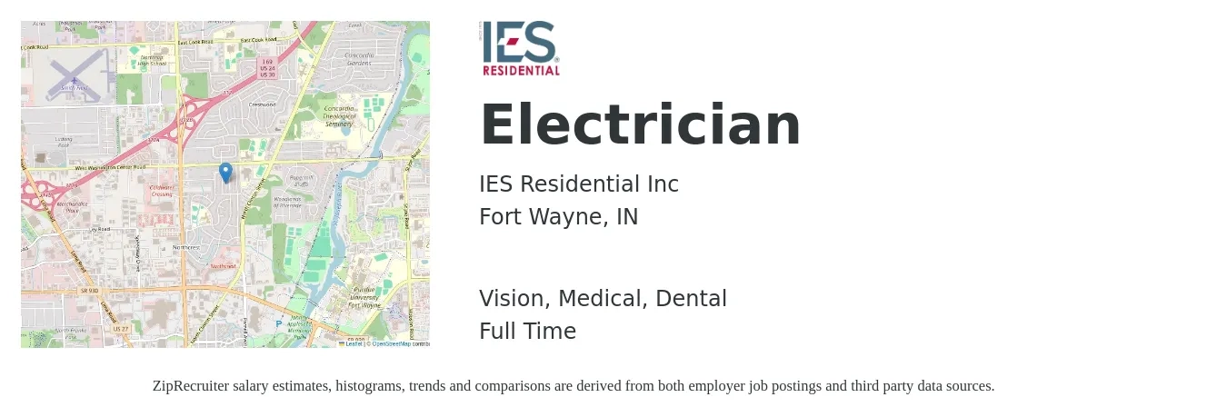 IES Residential Inc job posting for a Electrician in Fort Wayne, IN with a salary of $25 to $34 Hourly and benefits including vision, dental, life_insurance, medical, and retirement with a map of Fort Wayne location.
