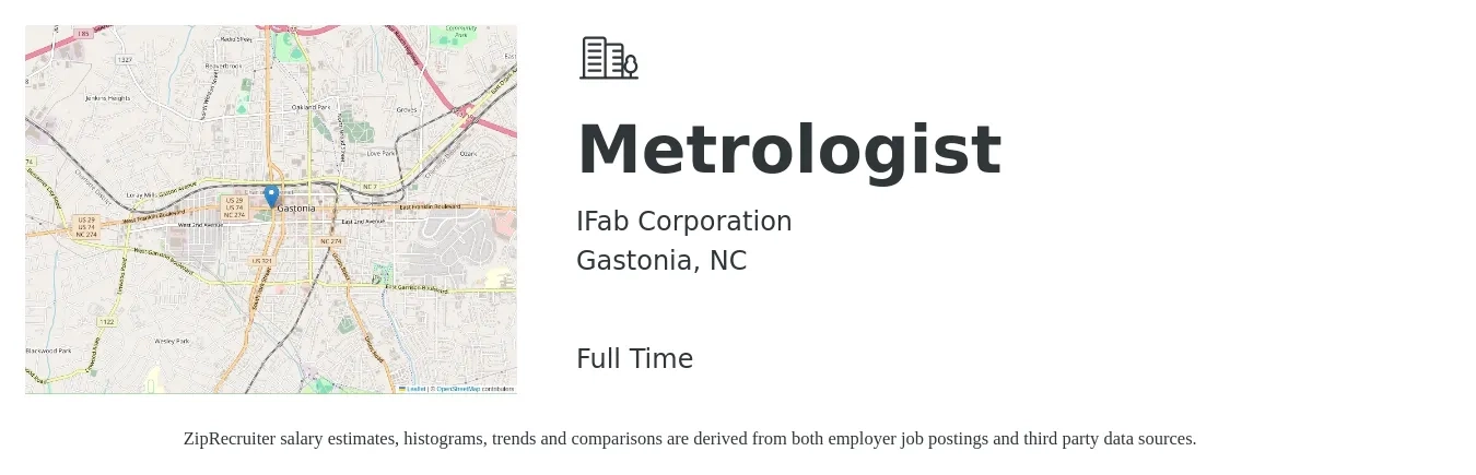 IFab Corporation job posting for a Metrologist in Gastonia, NC with a salary of $82,600 Yearly with a map of Gastonia location.
