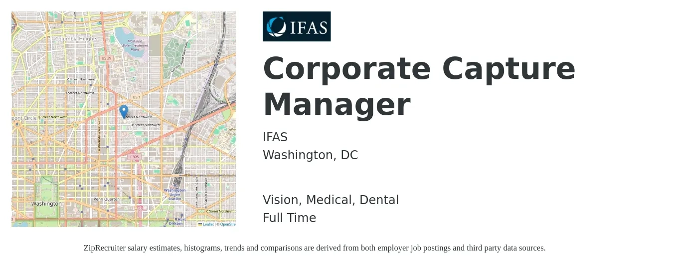 IFAS job posting for a Corporate Capture Manager in Washington, DC with a salary of $66,300 to $121,800 Yearly and benefits including dental, life_insurance, medical, retirement, and vision with a map of Washington location.
