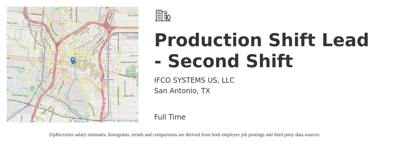 IFCO SYSTEMS US, LLC job posting for a Production Shift Lead - Second Shift in San Antonio, TX with a salary of $12 to $14 Hourly with a map of San Antonio location.
