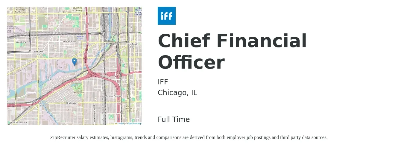 IFF job posting for a Chief Financial Officer in Chicago, IL with a salary of $145,400 to $412,400 Yearly with a map of Chicago location.