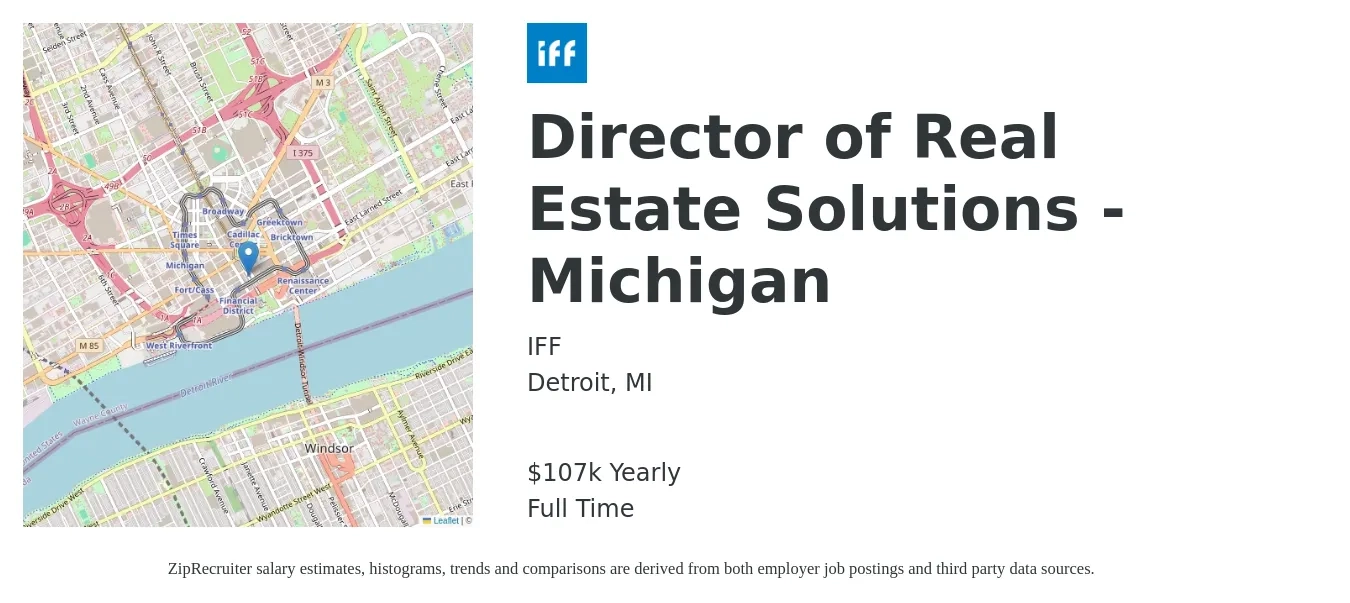 IFF job posting for a Director of Real Estate Solutions - Michigan in Detroit, MI with a salary of $107,700 Yearly with a map of Detroit location.