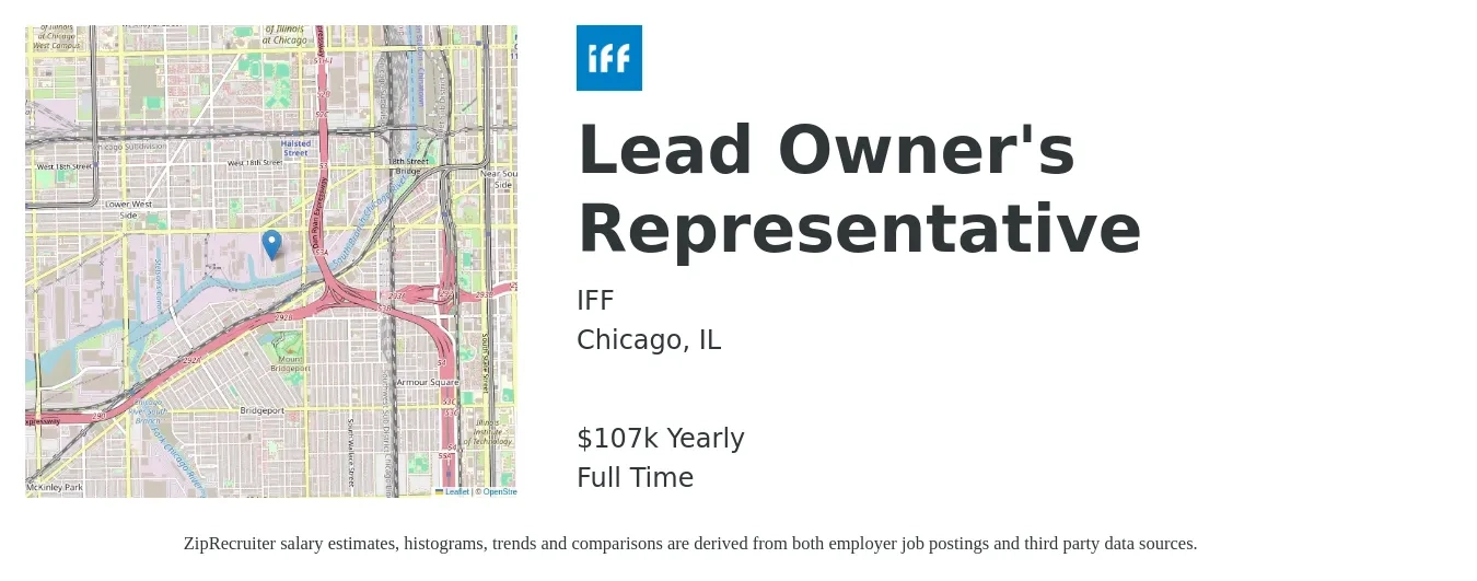 IFF job posting for a Lead Owner's Representative in Chicago, IL with a salary of $107,700 Yearly with a map of Chicago location.