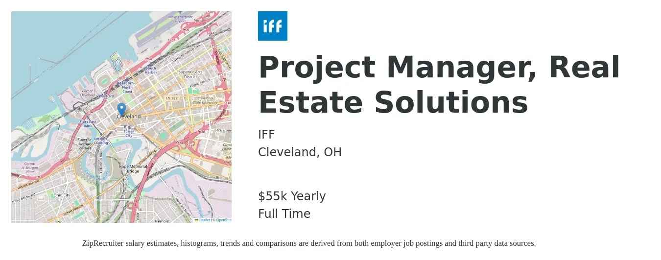IFF job posting for a Project Manager, Real Estate Solutions in Cleveland, OH with a salary of $55,500 Yearly with a map of Cleveland location.