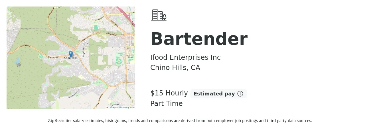 Ifood Enterprises Inc job posting for a Bartender in Chino Hills, CA with a salary of $16 Hourly with a map of Chino Hills location.