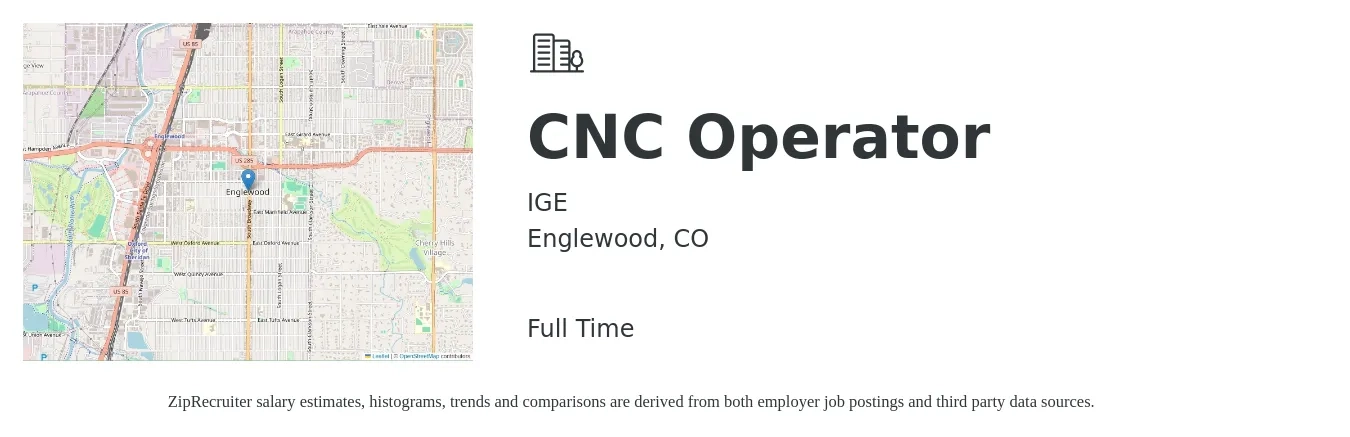 IGE job posting for a CNC Operator in Englewood, CO with a salary of $20 to $28 Hourly with a map of Englewood location.