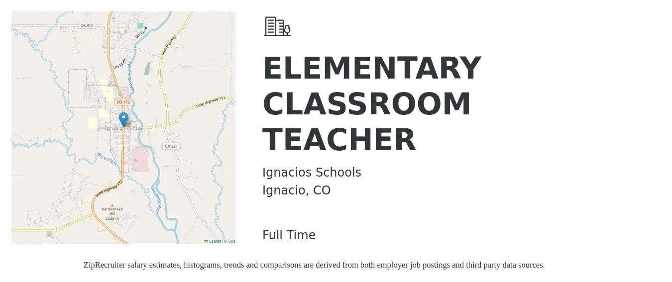 Ignacios Schools job posting for a ELEMENTARY CLASSROOM TEACHER in Ignacio, CO with a salary of $43,600 to $55,700 Yearly with a map of Ignacio location.