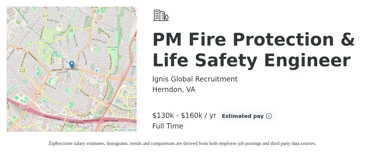 Ignis Global Recruitment job posting for a PM Fire Protection & Life Safety Engineer in Herndon, VA with a salary of $130,000 to $160,000 Yearly with a map of Herndon location.