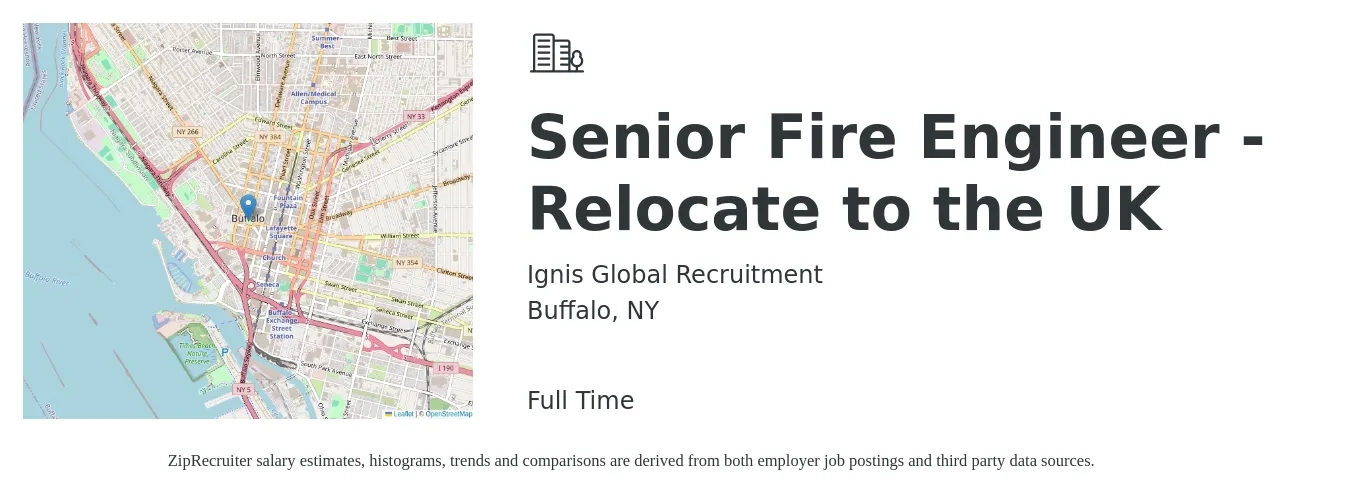Ignis Global Recruitment job posting for a Senior Fire Engineer - Relocate to the UK in Buffalo, NY with a salary of $101,200 to $139,000 Yearly with a map of Buffalo location.
