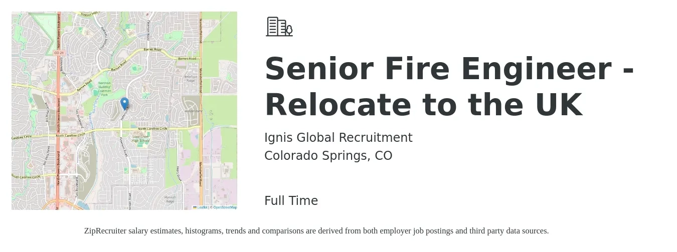 Ignis Global Recruitment job posting for a Senior Fire Engineer - Relocate to the UK in Colorado Springs, CO with a salary of $103,000 to $141,400 Yearly with a map of Colorado Springs location.