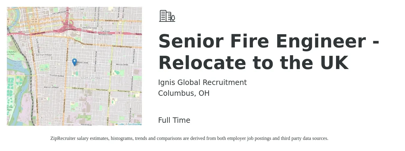 Ignis Global Recruitment job posting for a Senior Fire Engineer - Relocate to the UK in Columbus, OH with a salary of $100,900 to $138,600 Yearly with a map of Columbus location.