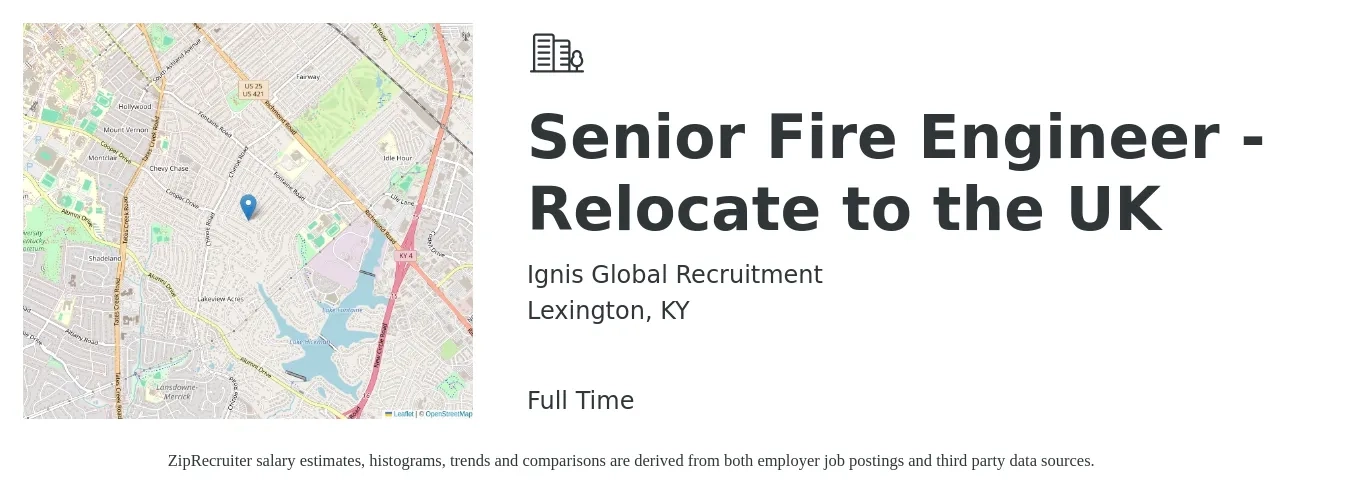 Ignis Global Recruitment job posting for a Senior Fire Engineer - Relocate to the UK in Lexington, KY with a salary of $103,900 to $142,600 Yearly with a map of Lexington location.