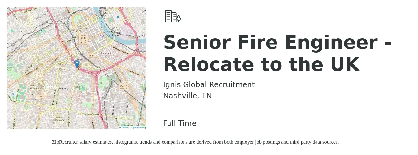 Ignis Global Recruitment job posting for a Senior Fire Engineer - Relocate to the UK in Nashville, TN with a salary of $100,900 to $138,600 Yearly with a map of Nashville location.