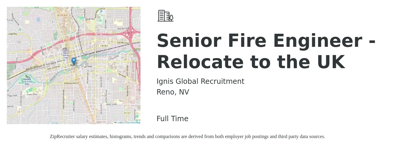 Ignis Global Recruitment job posting for a Senior Fire Engineer - Relocate to the UK in Reno, NV with a salary of $104,200 to $143,100 Yearly with a map of Reno location.