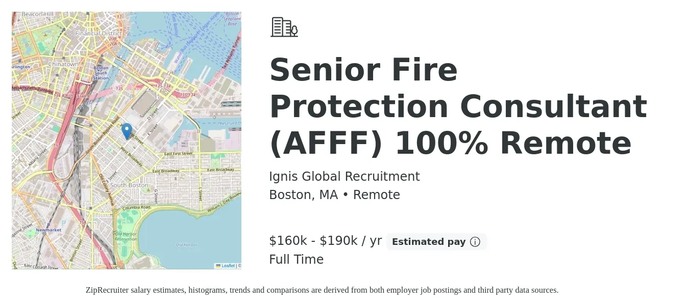 Ignis Global Recruitment job posting for a Senior Fire Protection Consultant (AFFF) 100% Remote in Boston, MA with a salary of $160,000 to $190,000 Yearly with a map of Boston location.