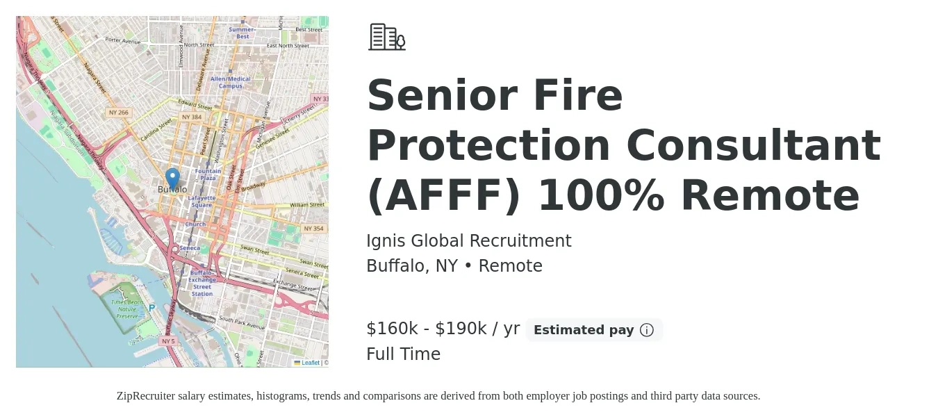 Ignis Global Recruitment job posting for a Senior Fire Protection Consultant (AFFF) 100% Remote in Buffalo, NY with a salary of $160,000 to $190,000 Yearly with a map of Buffalo location.