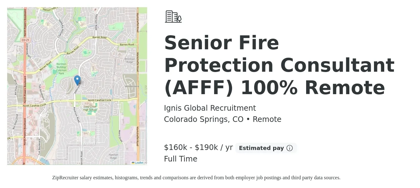 Ignis Global Recruitment job posting for a Senior Fire Protection Consultant (AFFF) 100% Remote in Colorado Springs, CO with a salary of $160,000 to $190,000 Yearly with a map of Colorado Springs location.