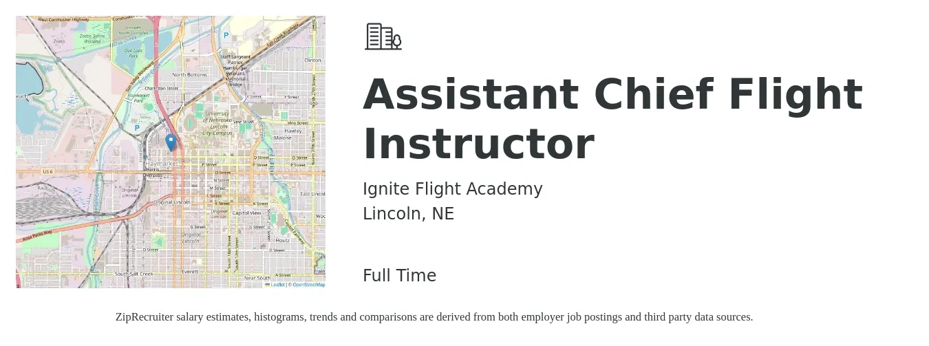 Ignite Flight Academy job posting for a Assistant Chief Flight Instructor in Lincoln, NE with a salary of $63,100 to $155,800 Yearly with a map of Lincoln location.