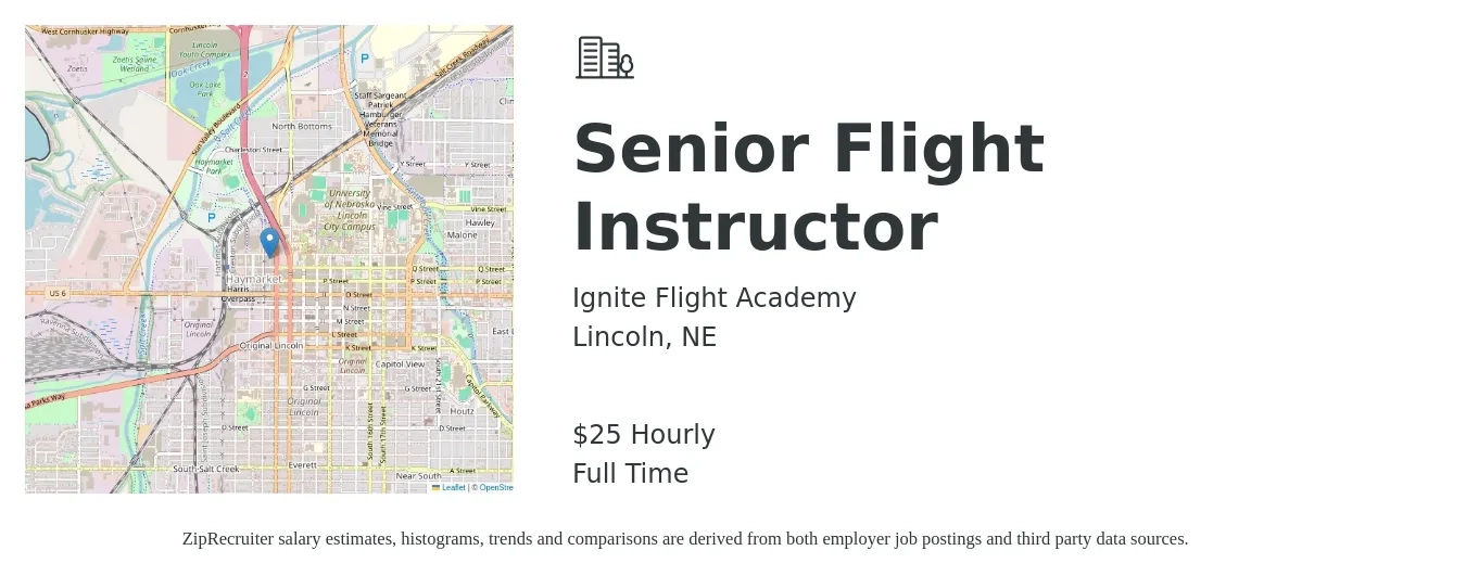 Ignite Flight Academy job posting for a Senior Flight Instructor in Lincoln, NE with a salary of $27 Hourly with a map of Lincoln location.