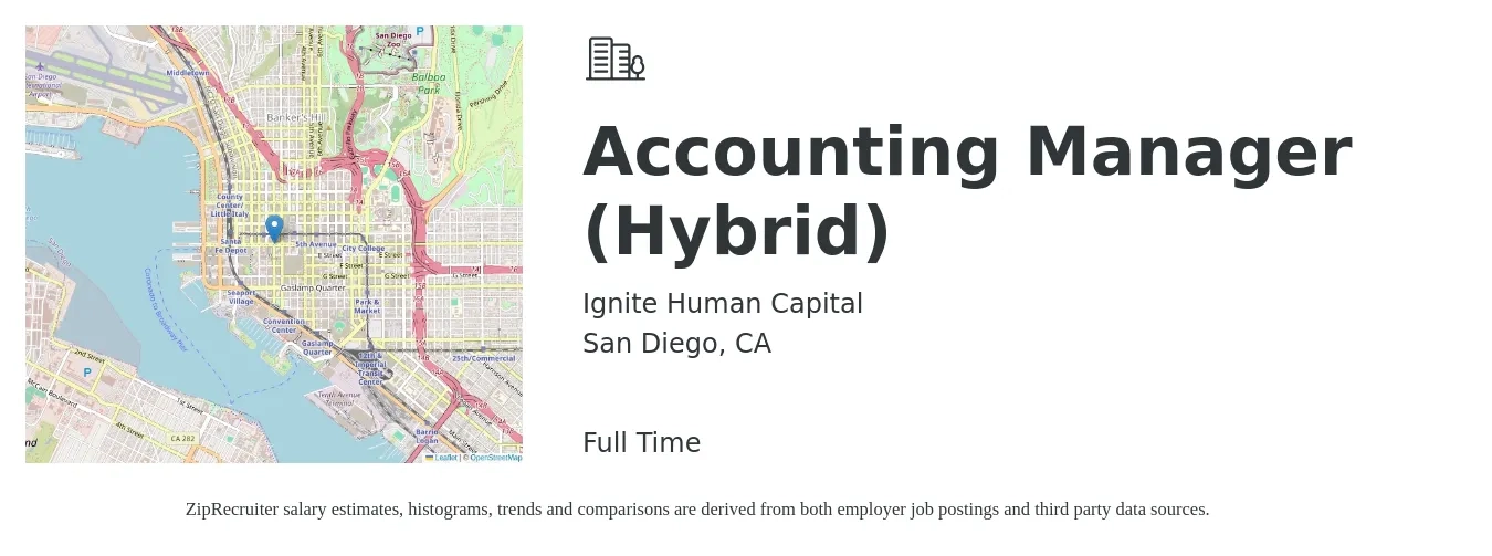 Ignite Human Capital job posting for a Accounting Manager (Hybrid) in San Diego, CA with a salary of $82,600 to $118,600 Yearly with a map of San Diego location.