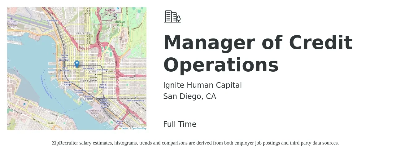 Ignite Human Capital job posting for a Manager of Credit Operations in San Diego, CA with a salary of $43,500 to $82,300 Yearly with a map of San Diego location.