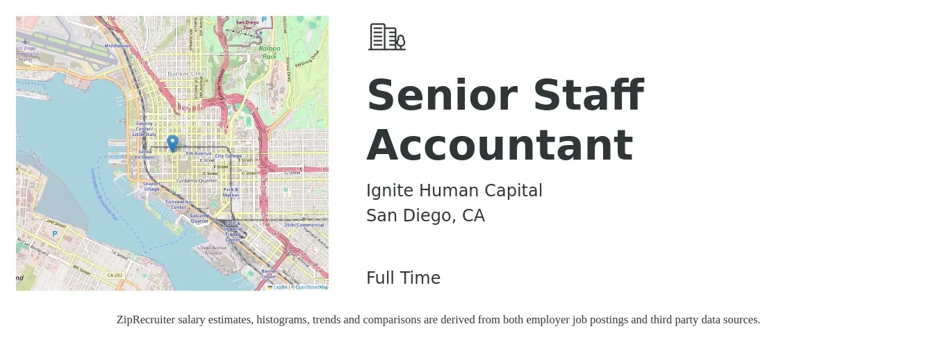 Ignite Human Capital job posting for a Senior Staff Accountant in San Diego, CA with a salary of $75,000 to $90,000 Yearly with a map of San Diego location.