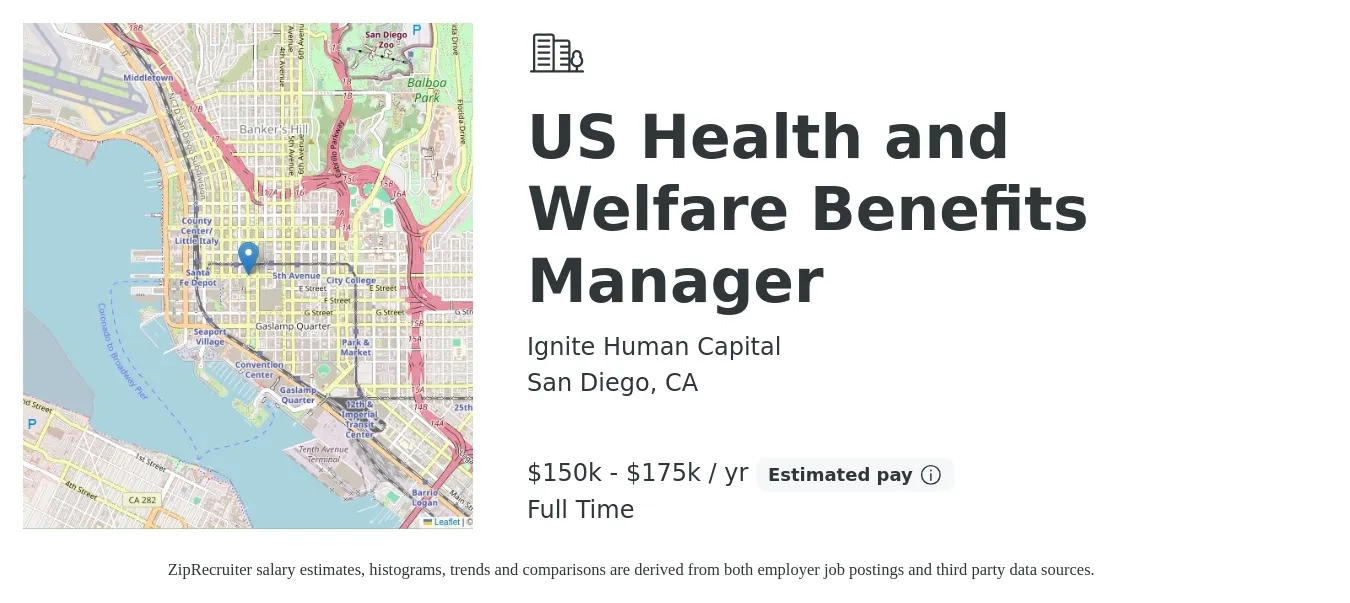Ignite Human Capital job posting for a US Health and Welfare Benefits Manager in San Diego, CA with a salary of $150,000 to $175,000 Yearly with a map of San Diego location.