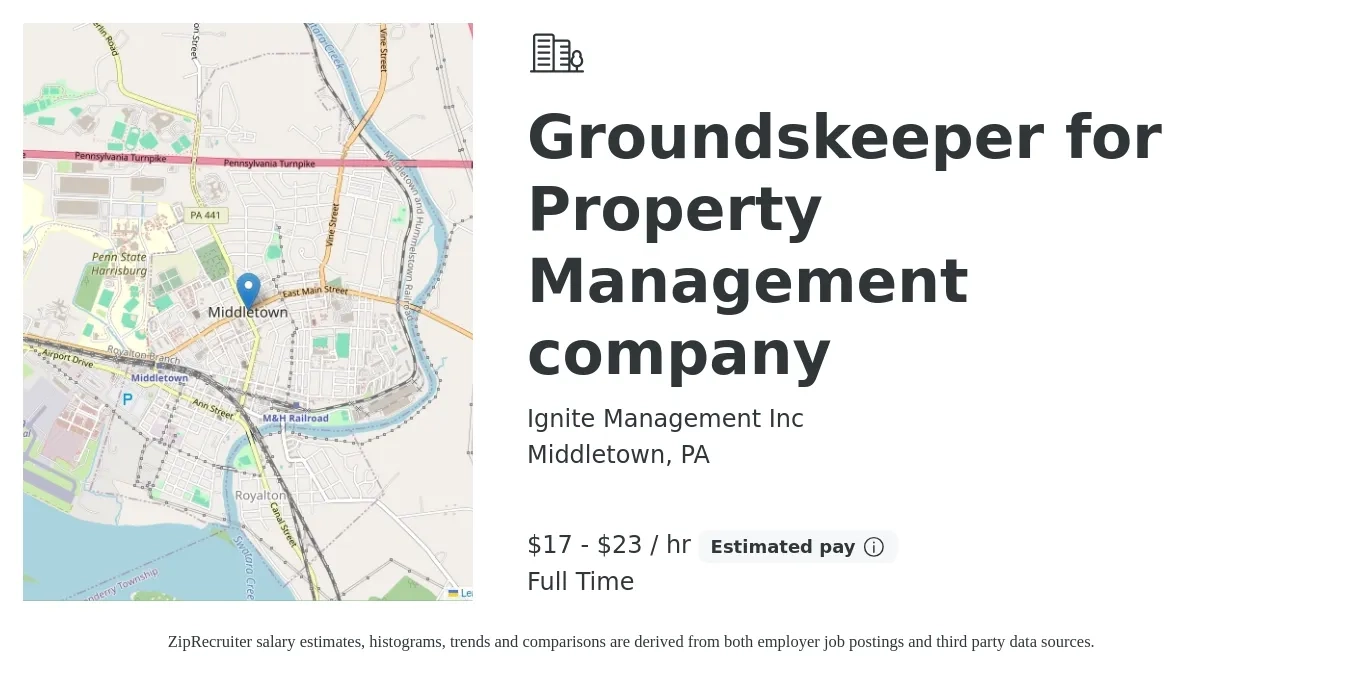 Ignite Management Inc job posting for a Groundskeeper for Property Management company in Middletown, PA with a salary of $18 to $24 Hourly with a map of Middletown location.