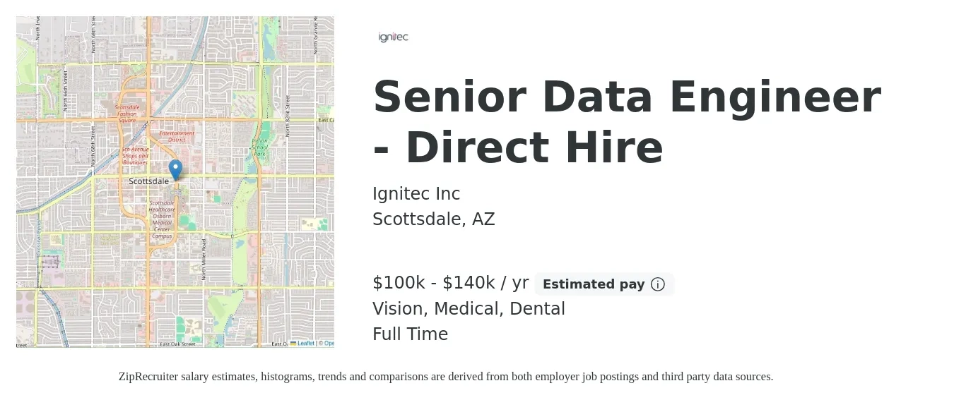 Ignitec Inc job posting for a Senior Data Engineer - Direct Hire in Scottsdale, AZ with a salary of $100,000 to $140,000 Yearly and benefits including medical, retirement, vision, dental, and life_insurance with a map of Scottsdale location.