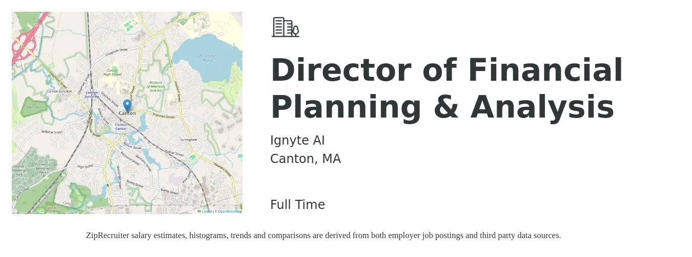 Ignyte AI job posting for a Director of Financial Planning & Analysis in Canton, MA with a salary of $129,500 to $170,200 Yearly with a map of Canton location.
