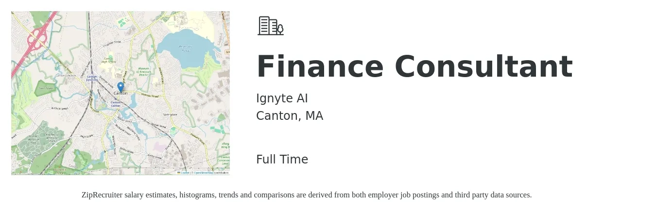 Ignyte AI job posting for a Finance Consultant in Canton, MA with a salary of $62 to $90 Hourly with a map of Canton location.