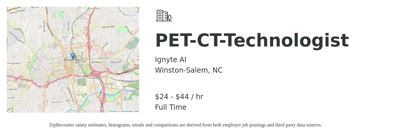 Ignyte AI job posting for a PET-CT-Technologist in Winston-Salem, NC with a salary of $26 to $47 Hourly with a map of Winston-Salem location.