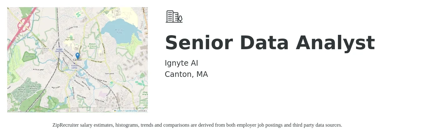 Ignyte AI job posting for a Senior Data Analyst in Canton, MA with a salary of $90,900 to $114,700 Yearly with a map of Canton location.