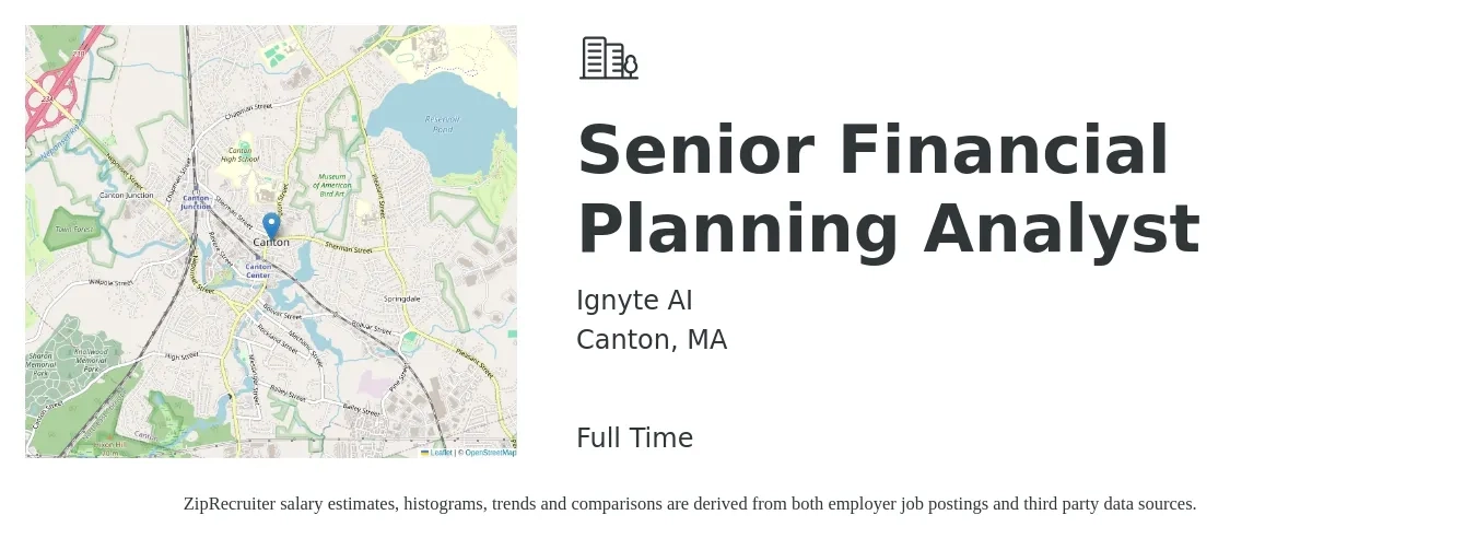 Ignyte AI job posting for a Senior Financial Planning Analyst in Canton, MA with a salary of $90,400 to $112,600 Yearly with a map of Canton location.