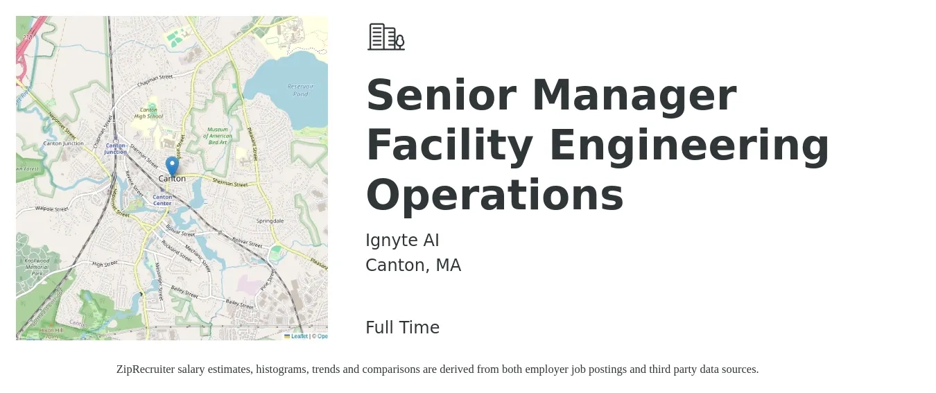 Ignyte AI job posting for a Senior Manager Facility Engineering Operations in Canton, MA with a salary of $77,200 to $128,500 Yearly with a map of Canton location.