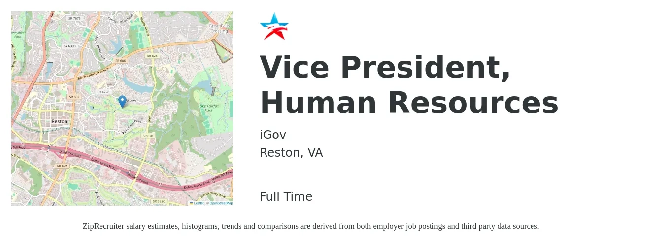iGov job posting for a Vice President, Human Resources in Reston, VA with a salary of $132,100 to $200,800 Yearly with a map of Reston location.